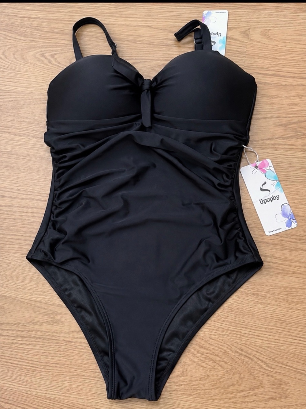 Black Ruched One-Piece Swimsuit with Twist Front